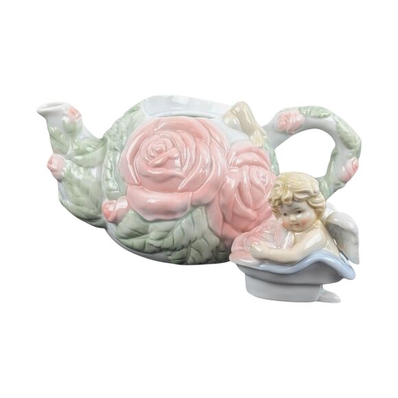 Vintage Avon Cherub Teapot: Porcelain Rose Angel Teapot - Picture 3 of 7